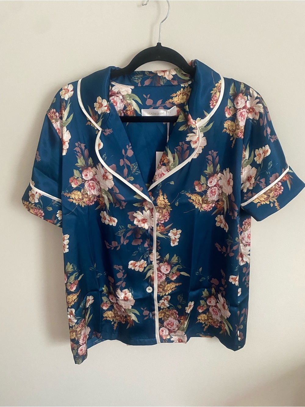 Madeleine Blue Floral Satin Short-Sleeve Pajama Top